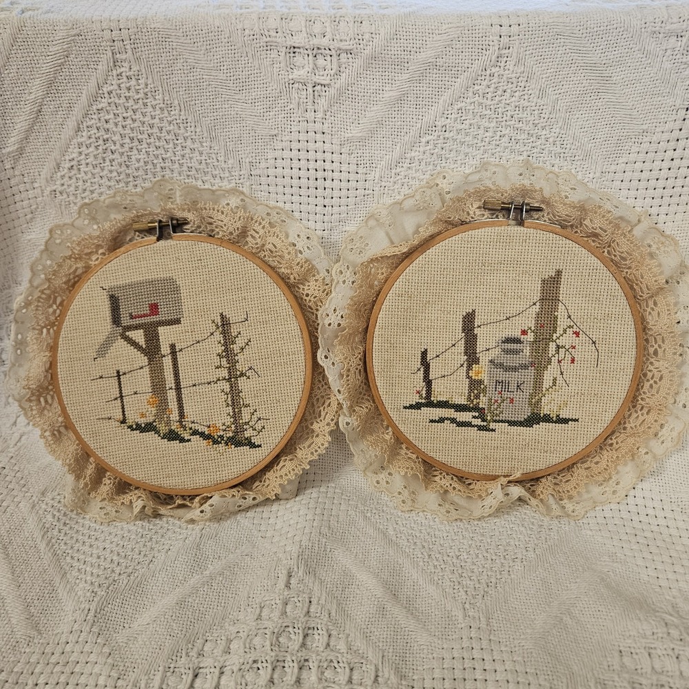 Pair of Cottagecore Vintage Cross Stitch Wall Hangings Art Milk Can Mail Box